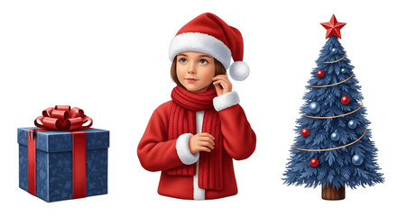 Girl in Santa hat with Christmas gift and tree.
