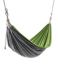 A simple, green Canvas Hammock neatly folded or rolled, with its hanging ropes visible, isolated