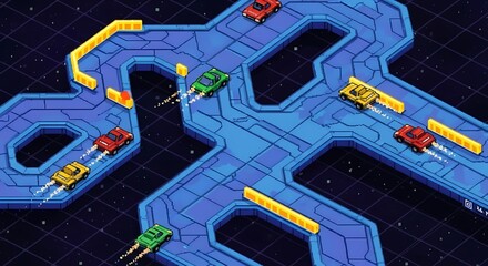 Pixel cars racing on futuristic track in space