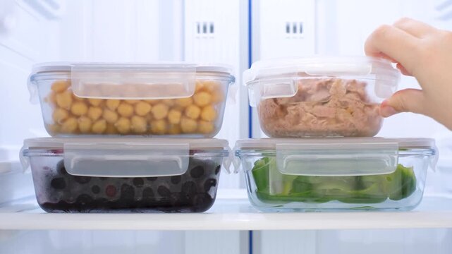A woman stacks clear glass containers of food in a refrigerator close-up.