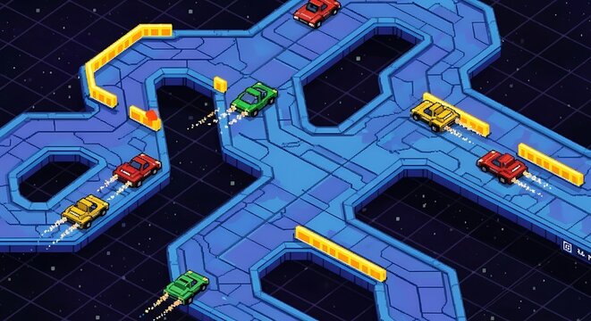 Pixel cars racing on futuristic track in space - Powered by Adobe