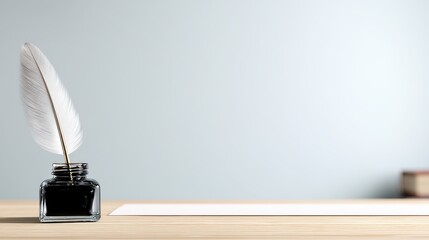 Desk holds writing pen and white feather writing instruments pen and feather arranged on desk