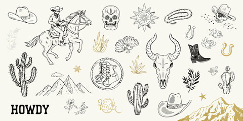 Western cowboy elements collection featuring horse rider cactus skull boots and mountains