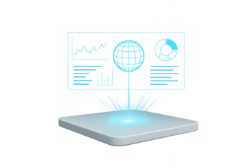 Holographic business data analyzing and visualizing on futuristic digital interface with global market charts