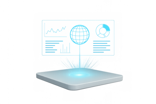 Holographic business data analyzing and visualizing on futuristic digital interface with global market charts