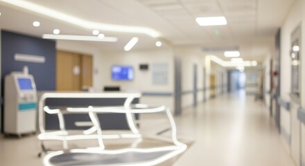 Blurred Tranquil Hospital Hallway with Empty Reception Area and Soft Lighting