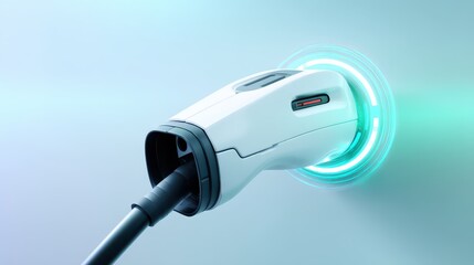 White and blue robot with light stands futuristic automaton with glowing component shown