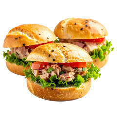 Three Mini tuna salad sandwiches with lettuce and tomato on sesame seed buns isolated on white background
