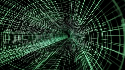 Abstract green wireframe tunnel with digital grid and futuristic depth effect
