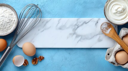 Baking ingredients artfully arranged on marble surface marble surface holds baking essentials eggs flour whisk