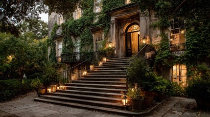 Obraz premium Building facade with vines, stairs, and lanterns in Savannah at night. Use this for travel, architecture, or events in the South.