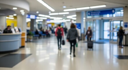 Fototapeta premium Blurred Abstract Airport Interior with Passengers and Modern Architecture