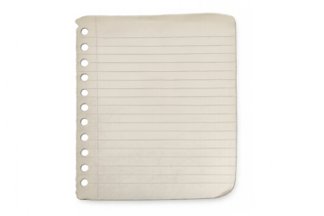 Old lined paper sheet showing age and texture, offering blank space for writing notes or messages, on a transparent background