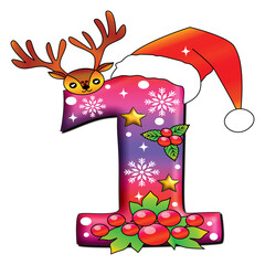 Festive Christmas Number One Vector with Santa Hat, Cherry, Snow and Reindeer