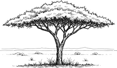 Beautiful acacia tree drawing in African savanna, detailed black ink illustration with desert landscape and grass for nature artwork design
