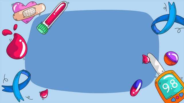 World diabetes day pattern with blood drops, meters, ribbons, and treatment illustrations. Suitable for healthcare awareness campaigns. World diabetes day background loop animation. 