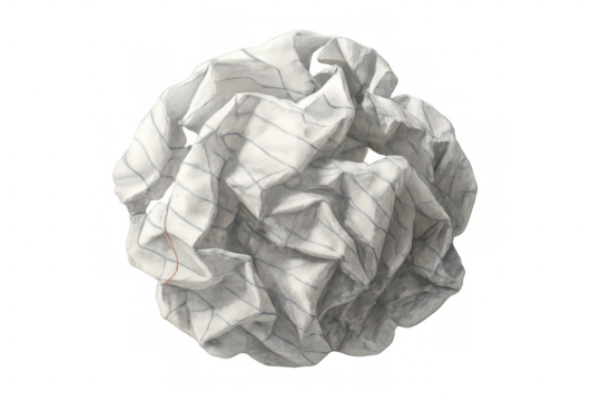Crumpling white lined paper into a ball representing discarded ideas, failure, mistake, or frustration on transparent background