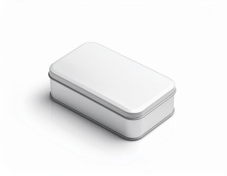 Blank Rectangular Tin Container Mockup: Hinged Lid on Isolated White Surface. Premium Packaging & Minimalist Branding
