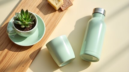 Eco Lifestyle Flatlay with Reusable Water Bottle and Organic Essentials on Marble Surface