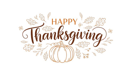 Happy thanksgiving handwritten calligraphy with autumn leaves and pumpkin isolated on transparent background