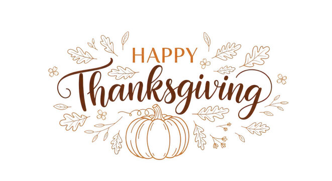 Happy thanksgiving handwritten calligraphy with autumn leaves and pumpkin isolated on transparent background