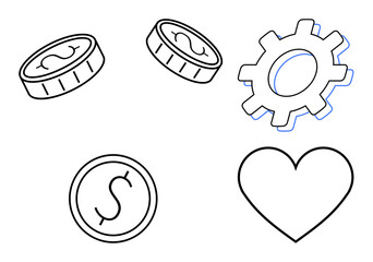 Floating coins, a gear, and a heart communicate themes of wealth, productivity, and emotions. Ideal for business, finance, teamwork love integrity automation and collaboration. Simple flat