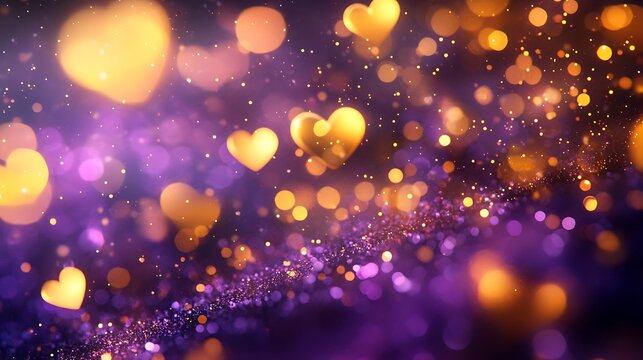 Purple and gold glowing heart bokeh lights on romantic background
 - Powered by Adobe