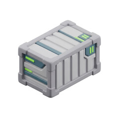 Isometric 3D render of a futuristic sci-fi cargo container. A sleek gray storage crate with glowing green accents, representing advanced technology, digital assets
