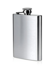 A classic, flat-sided Hip Flask made of brushed stainless steel, isolated