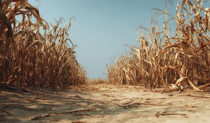 dried dead corn field or maze field at drought land  from climate change disaster