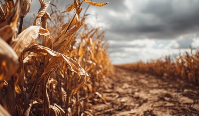 dried dead corn field or maze field at drought land  from climate change disaster