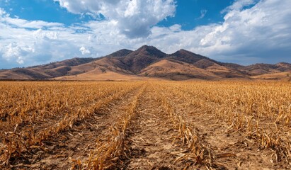 dried dead corn field or maze field at drought land  from climate change disaster