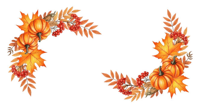 Autumnal corner decoration with pumpkins and colorful fall leaves isolated on transparent background