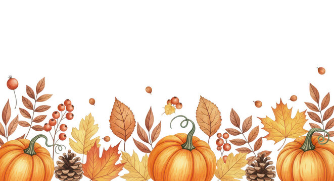 Watercolor autumn harvest border with pumpkins pinecones and fall leaves isolated on transparent background