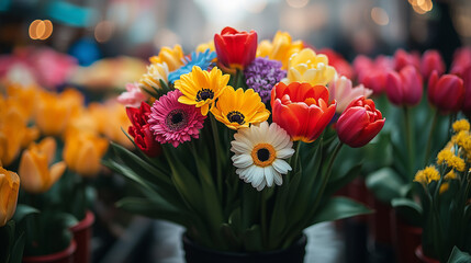 Obraz premium Colorful Tulip, Daisy and Daffodil Bouquet at Amsterdam Flower Market