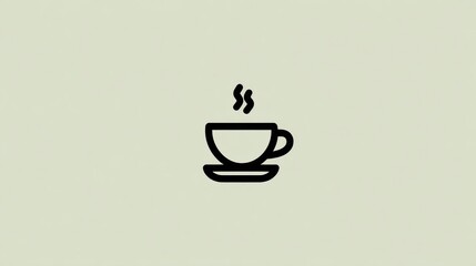 Simple black line icon of a coffee cup with steam rising against a muted beige backdrop