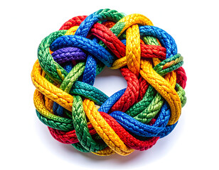 A coil of brightly colored Paracord tied into a neat figure-eight pattern, isolated