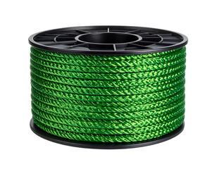 A coil of bright green braided Fishing Line (about 50 yards) neatly packaged or spooled, isolated