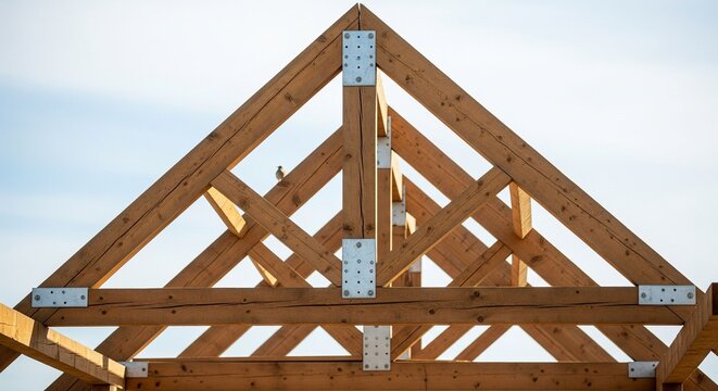 Close-up of a large wooden truss with metal plates, forming the triangular framework of a roof structure