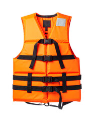 A compact, bright orange Life Vest or Personal Flotation Device (PFD) neatly folded, isolated