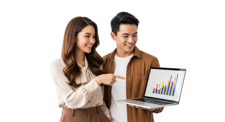 Confident business partners collaborating on financial data presentation with laptop showing growth charts