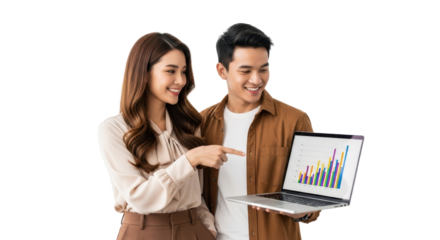 Confident business partners collaborating on financial data presentation with laptop showing growth charts