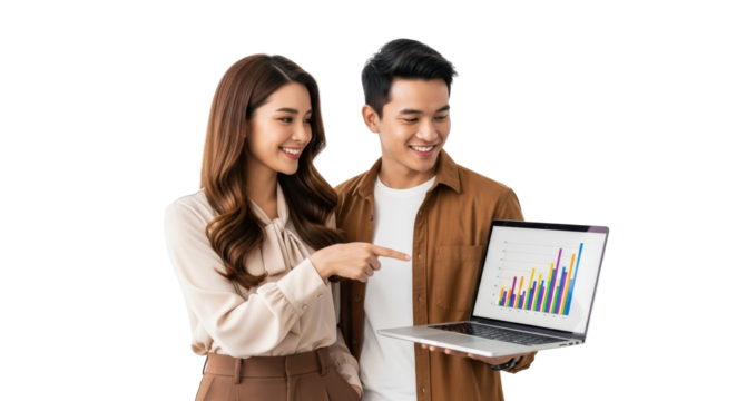 Confident business partners collaborating on financial data presentation with laptop showing growth charts