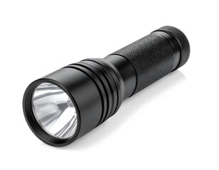 A compact, high-powered LED Flashlight (torch) made of black anodized aluminum, isolated