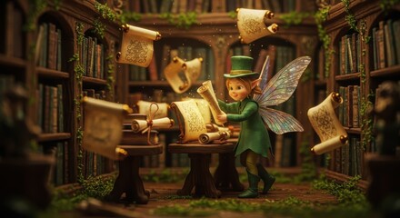 Small winged figure in green attire examines scrolls in a mystical library.