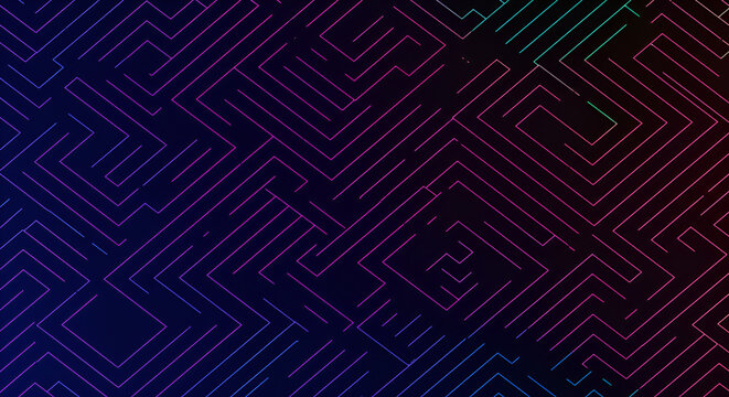 Abstract geometric labyrinth background with vibrant neon gradient lines design
