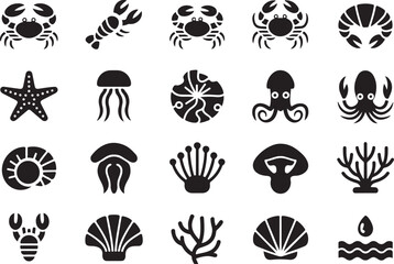 Marine Life and Sea Creatures Icons ocean animals seafood