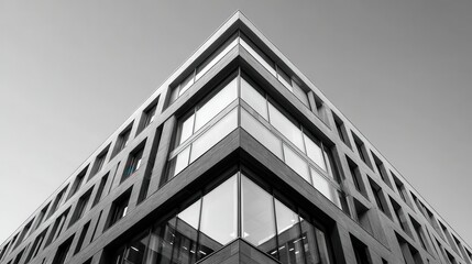 Black and white photo of modern office building exterior. Perfect for architectural design or corporate business concepts.