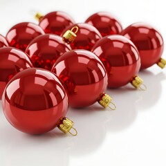 A Collection of Shiny Red Christmas Ornaments on a White Background.
