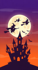 Witches Flying Over Castle with Moon and Bats for Halloween